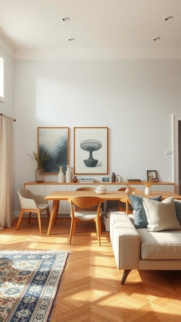 A cozy living and dining room with art and décor that connects the two areas.