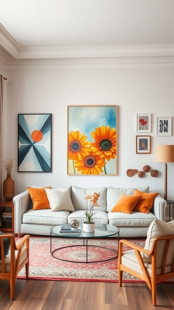 A cozy living room featuring vibrant wall art, a light-colored sofa, and wooden furniture.