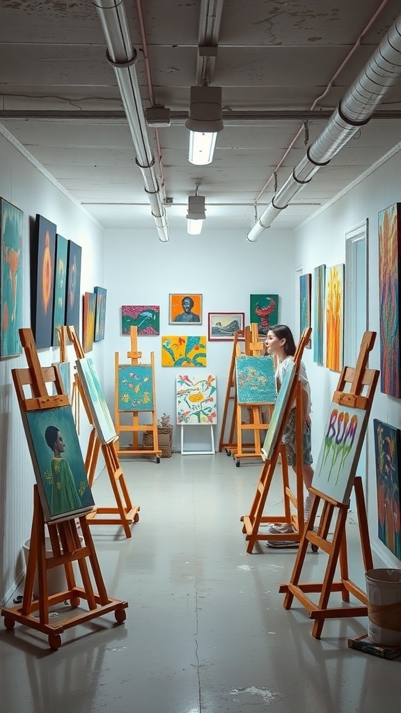 A bright art studio in a basement with colorful paintings and easels.
