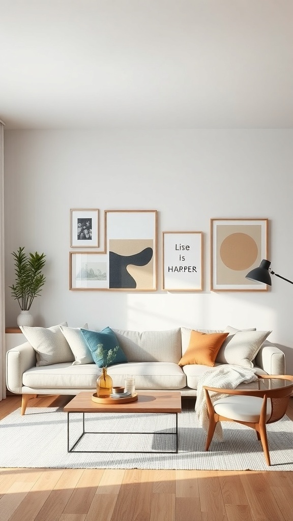 A minimalist living room featuring a light sofa with colorful cushions, a wooden coffee table, and art on the walls.