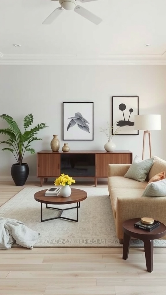 A stylish Japandi living room featuring a cozy couch, decorative vases, and art on the walls.