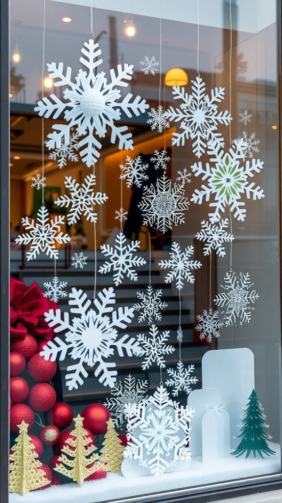 Decorative snowflakes hanging in a window with red ornaments and golden trees