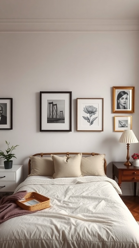A stylish bedroom featuring artful wall decor with black and white photographs and floral prints.