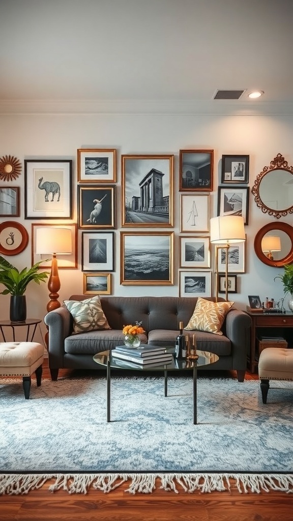 A cozy living room with an artful wall display featuring various framed pictures and decor.