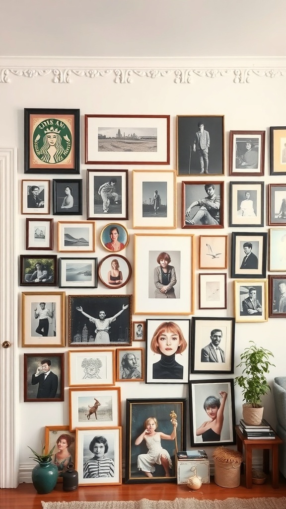 A gallery wall filled with various framed photographs and art pieces, showcasing a mix of styles and colors.
