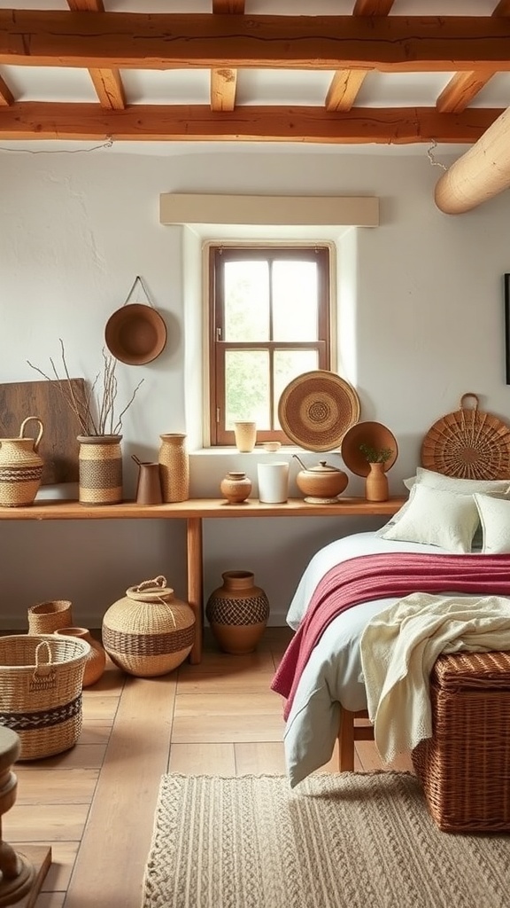 Cozy cottage bedroom with artisan accessories including woven baskets and ceramic vases.