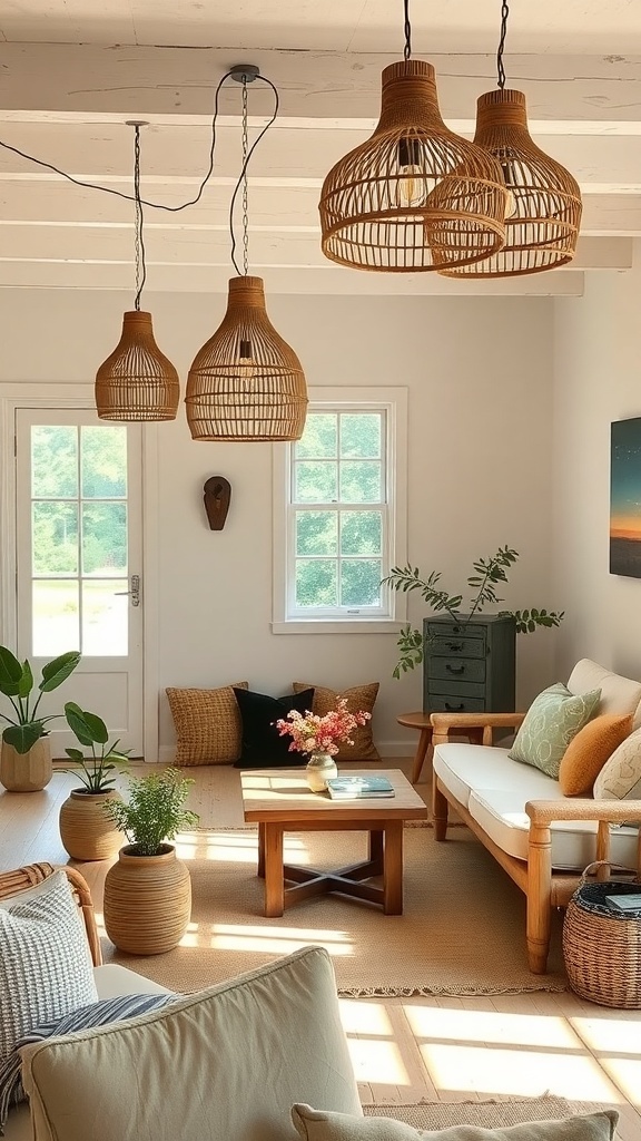 A cozy cottage living room featuring woven pendant lights, a wooden table, and plants.