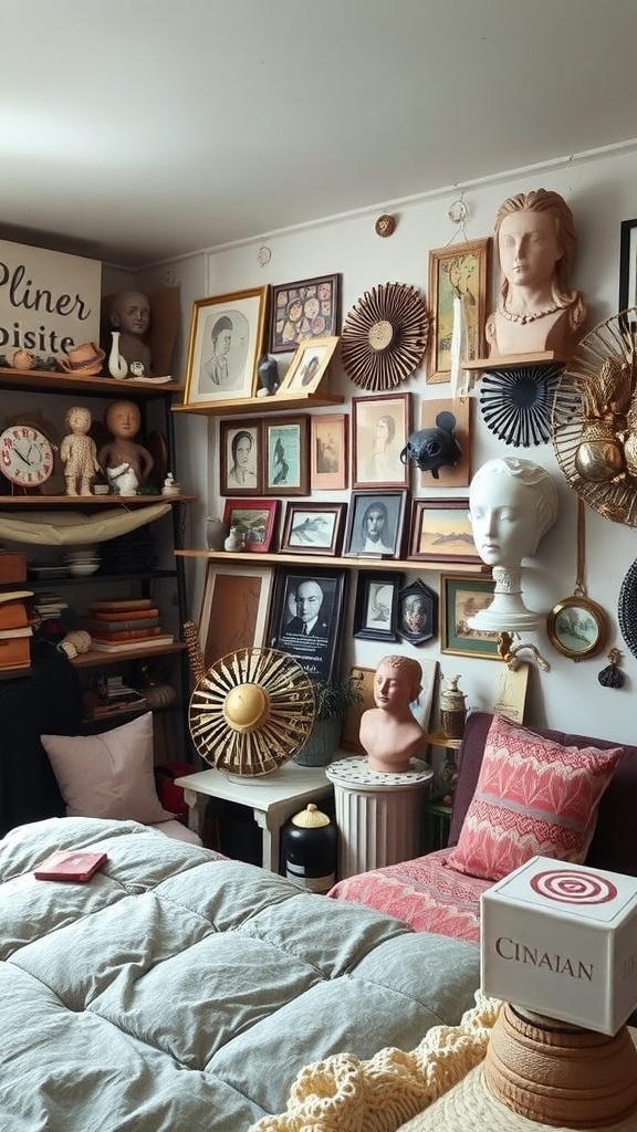 A whimsical bedroom filled with artistic accessories and decor, including sculptures and framed art.