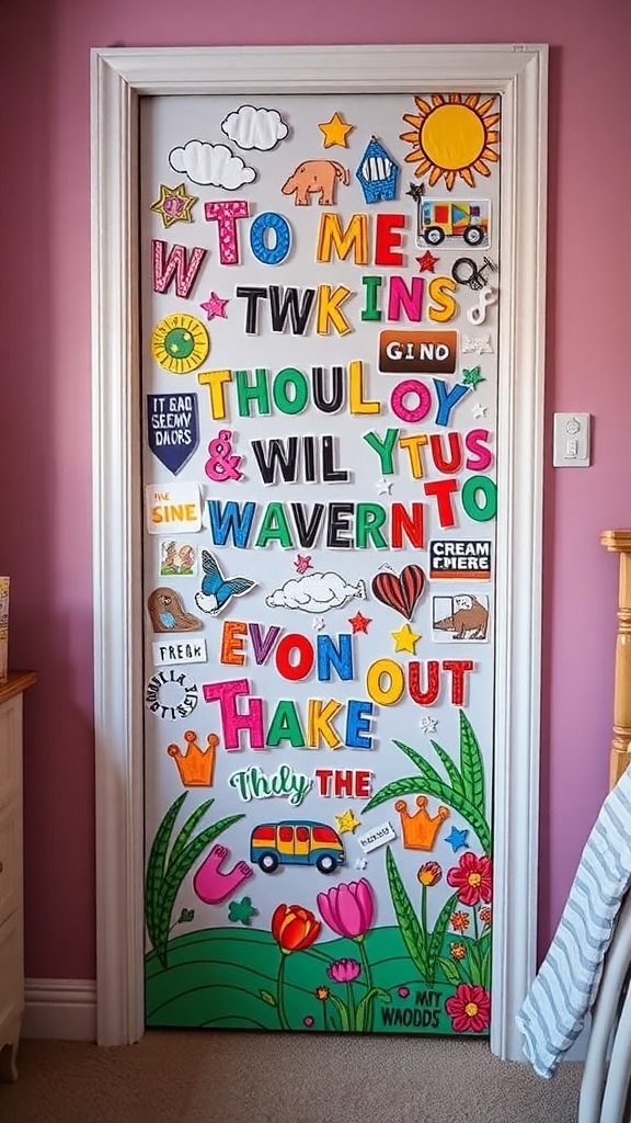 A colorful bedroom door decorated with various artistic stickers, including animals, flowers, and playful phrases.