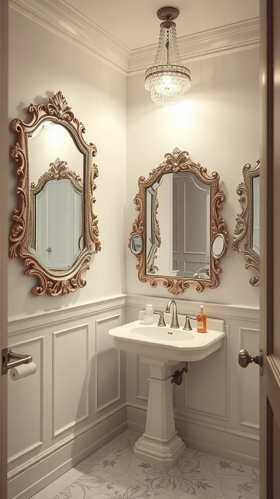 A stylish powder room featuring three ornate mirrors and elegant lighting.