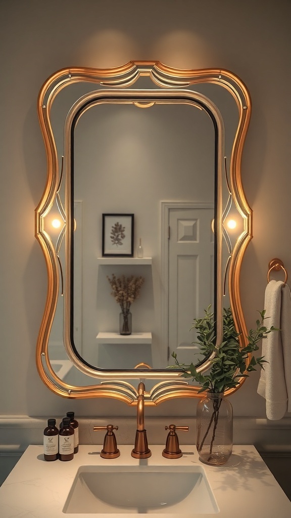 A stylish bathroom mirror with an artistic gold frame, complemented by a vase of greenery and elegant toiletries.
