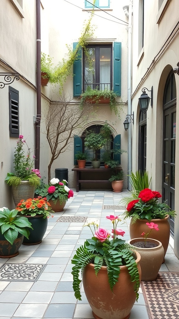 A small courtyard with colorful flower planters and greenery.