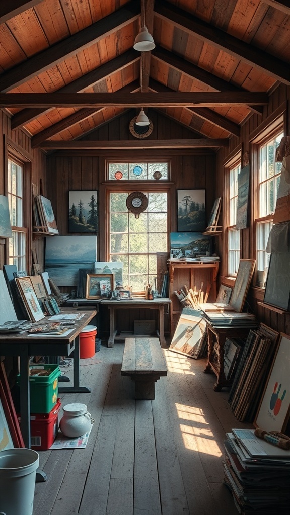 Interior of a cozy cabin filled with art supplies and paintings, featuring wooden beams and natural light.