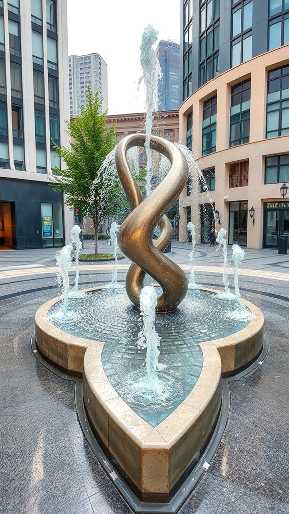 Artistic sculptural fountain with twisting bronze design and flowing water