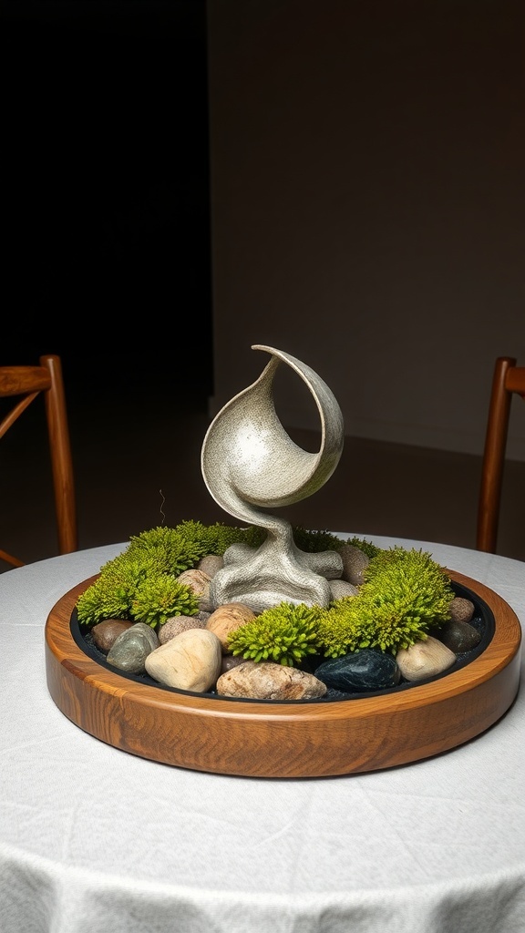 Artistic round table centerpiece featuring a sculpture surrounded by stones and greenery.