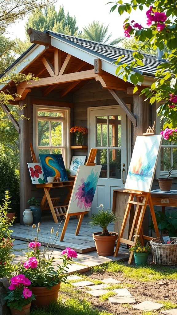 A charming garden studio with easels displaying colorful paintings and surrounded by flowers.