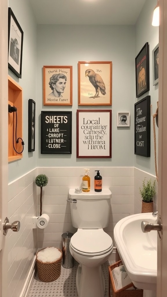 A small bathroom with unique wall art, including framed portraits and quotes, creating a cozy atmosphere.