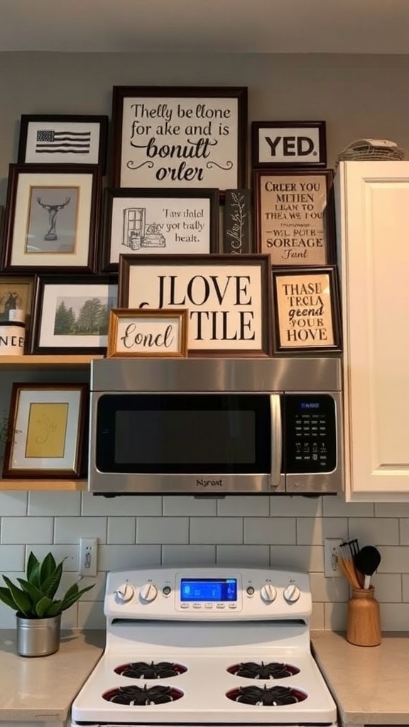 An artistic display of various framed wall art above a kitchen cabinet.