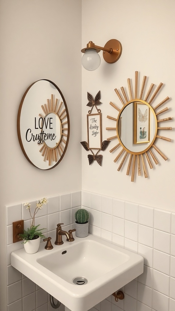 A stylish bathroom sink area featuring artistic wall decor, including mirrors and framed art.