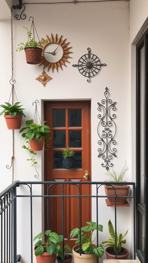 A small balcony featuring artistic wall decor with plants, a clock, and decorative metal pieces.