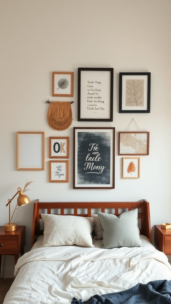 A cozy bedroom wall decorated with various framed artworks and a warm color palette.