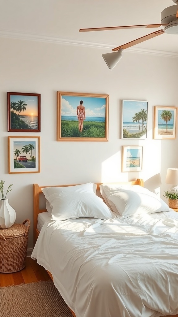 A summer-themed bedroom with artistic wall displays featuring framed artworks of beach and nature scenes.