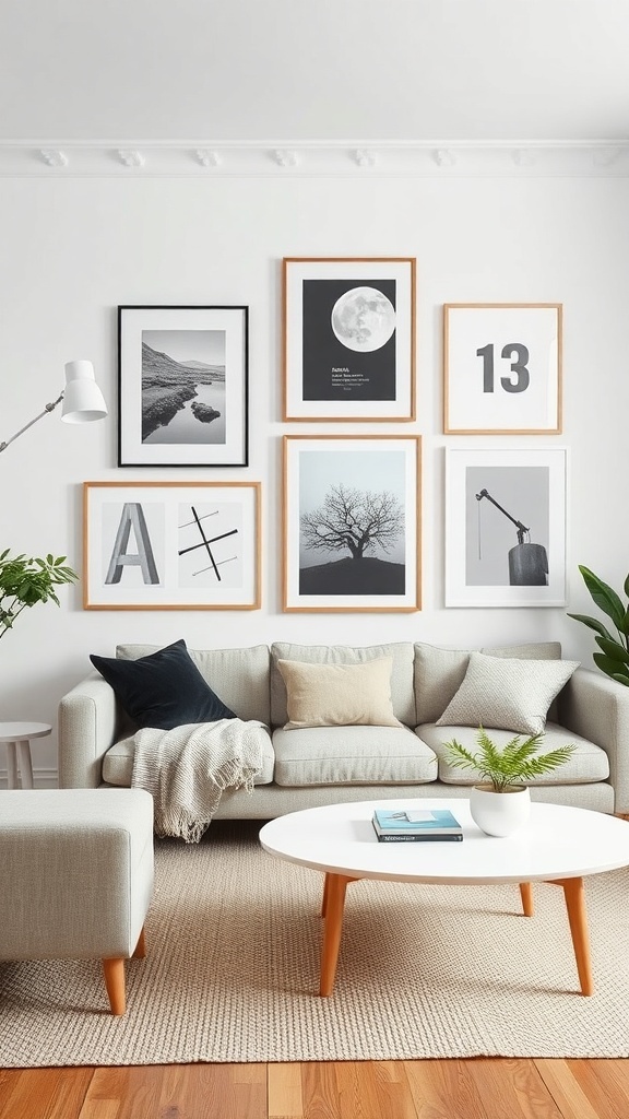 A stylish Scandinavian living room with a wall display of framed art.