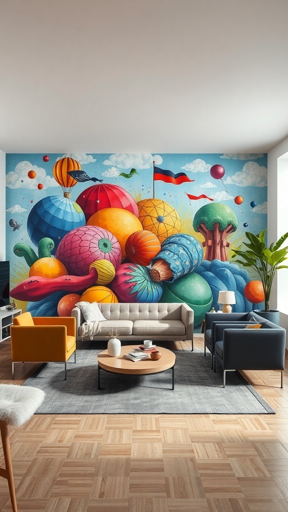 A colorful mural featuring balloons and playful shapes on a wall in a modern living room.