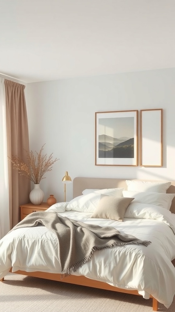 Neutral bedroom with artwork and soft decor.