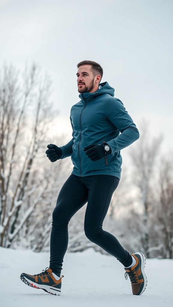 A man jogging in the snow wearing a fitted hoodie and leggings.