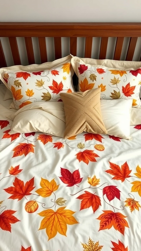 A cozy bed with autumn-themed bedding featuring colorful leaves in red, orange, and gold.