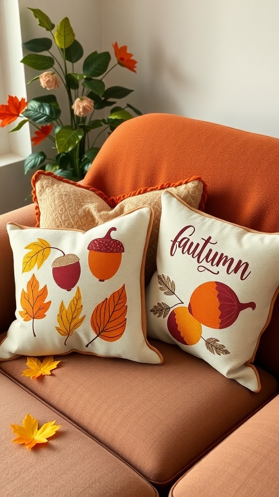 Two autumn-themed throw pillows on an orange couch, one with leaves and acorns, the other with the word 'autumn'.