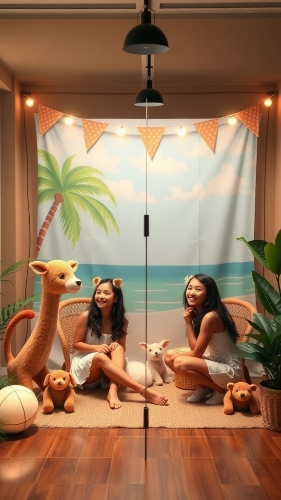 Two girls posing in a baby animal photo booth with plush toys and a beach-themed backdrop.