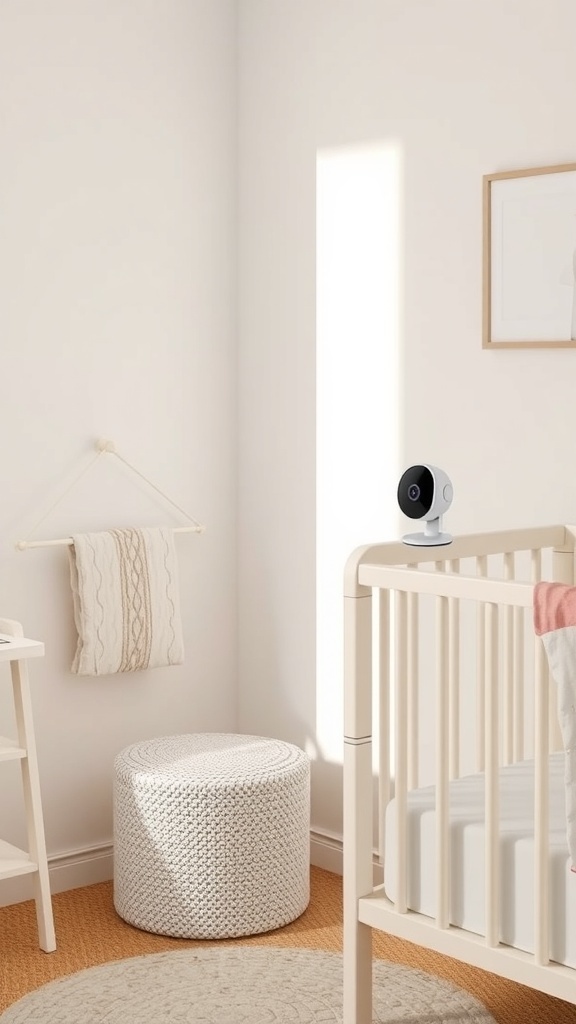 A cozy nursery corner with a baby monitor placed near the crib.