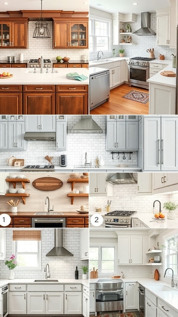 A collage of different kitchen styles featuring various backsplash designs.