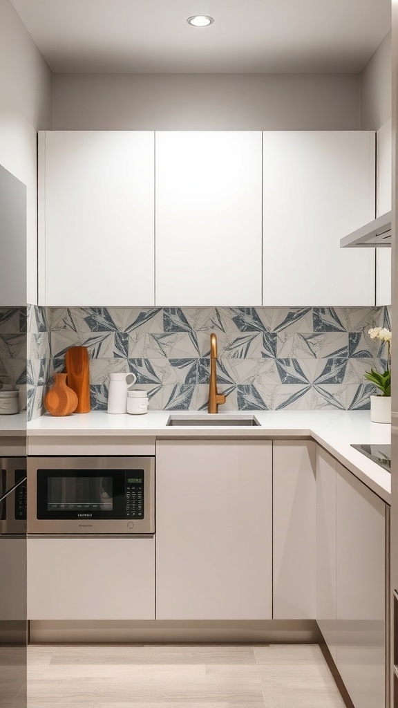 Modern kitchen with geometric backsplash and light cabinets