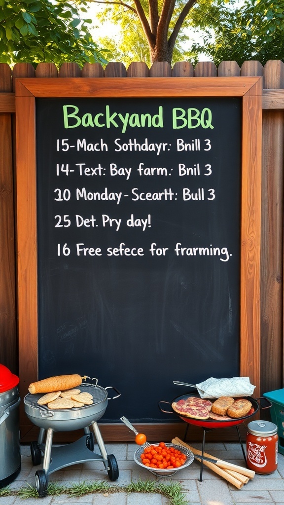 Chalkboard displaying a schedule for a backyard BBQ with various themed events.