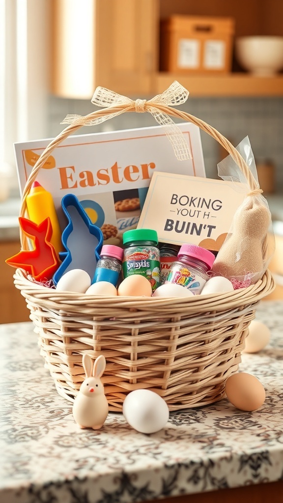 A festive baking basket filled with baking ingredients, cookie cutters, and an adorable bunny figurine.