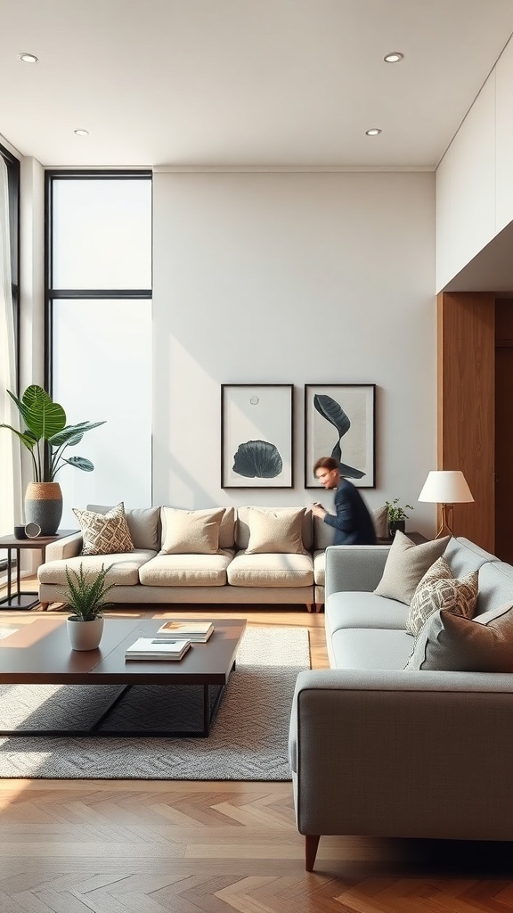 A bright, modern living room with sectional sofas, a coffee table, and artwork on the walls.