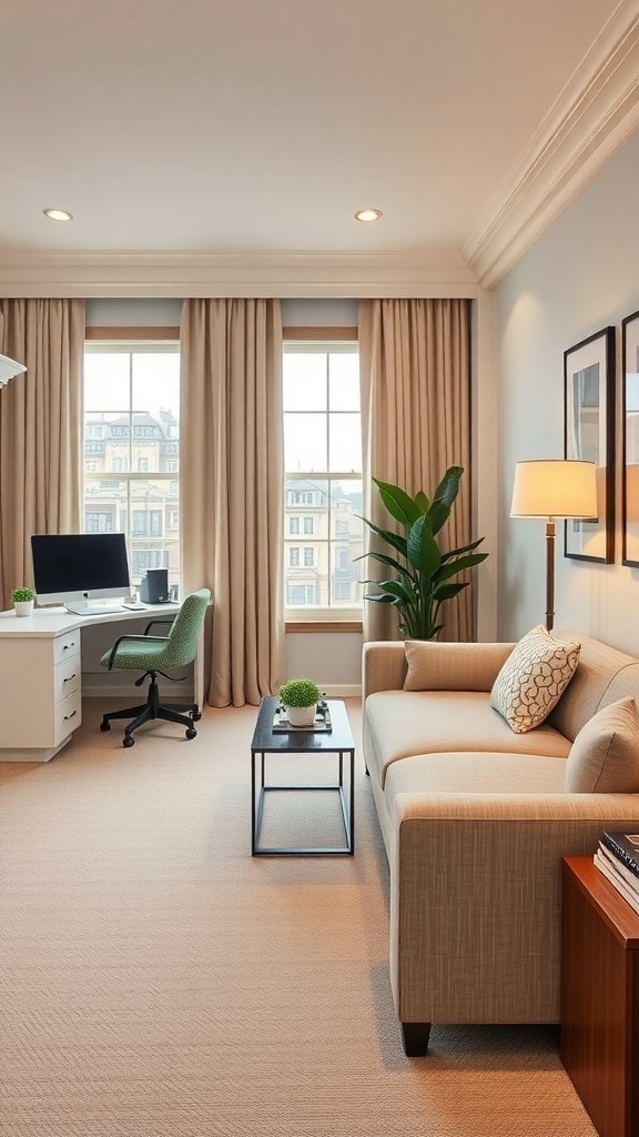 A stylish office guest room combo featuring a desk, chair, sofa, and natural light.