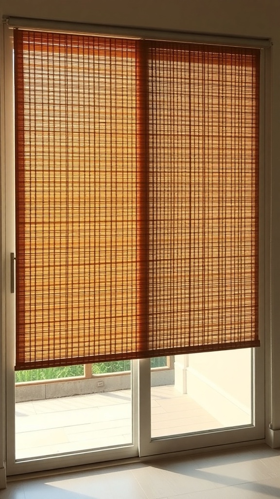 Image of bamboo shades covering sliding glass doors, providing a natural and warm aesthetic.