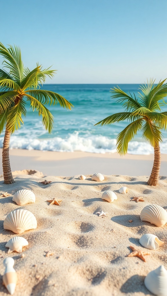 A beach scene with palm trees, seashells, and gentle waves in the background.