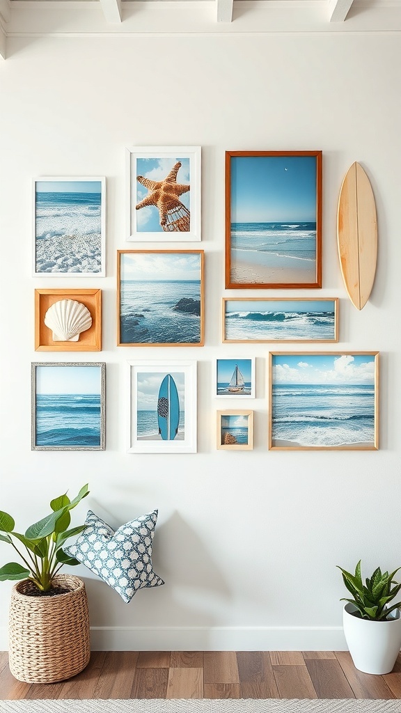A wall decorated with beach-themed art, including framed ocean photos, a starfish, a surfboard, and plants.