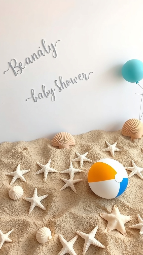 A beach-themed baby shower setup with a beach ball, seashells, and sand, featuring the text 'Beanaly baby shower'.