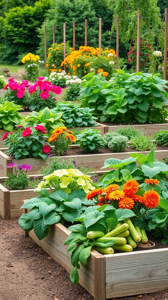 A vibrant raised garden bed filled with colorful flowers and lush green plants.