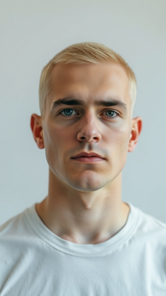 A young man with a blonde buzz cut, looking directly at the camera.