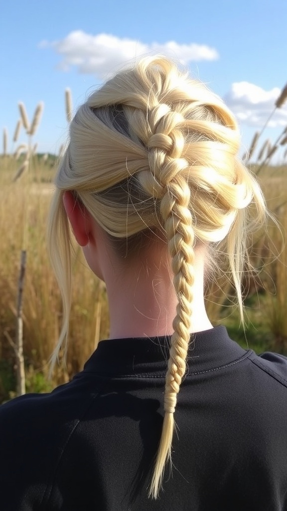 A blonde hairstyle featuring a braided detail, viewed from the back in a natural setting.