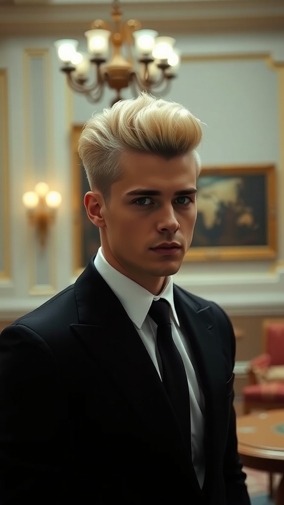 A young man with a blonde pompadour hairstyle, wearing a black suit and tie, standing in a stylish interior.