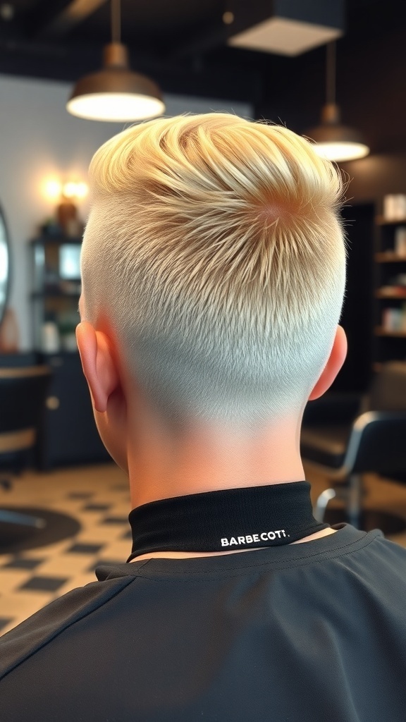 A stylish blonde undercut hairstyle with a slicked back top, showcasing the contrast between the short sides and longer hair on top.