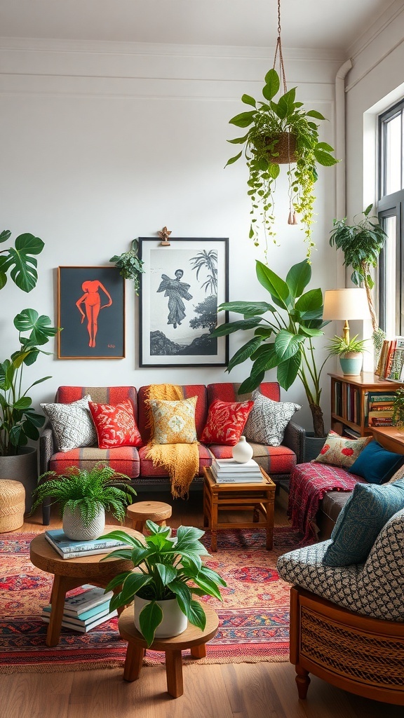 A cozy Bohemian chic living room featuring colorful cushions, plants, and artwork.